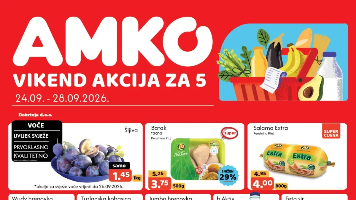 AMKO vikend akcija od 24. do 28.09.2026. – šljive, pileći batak, salama, mliječni proizvodi i druge namirnice na sniženju