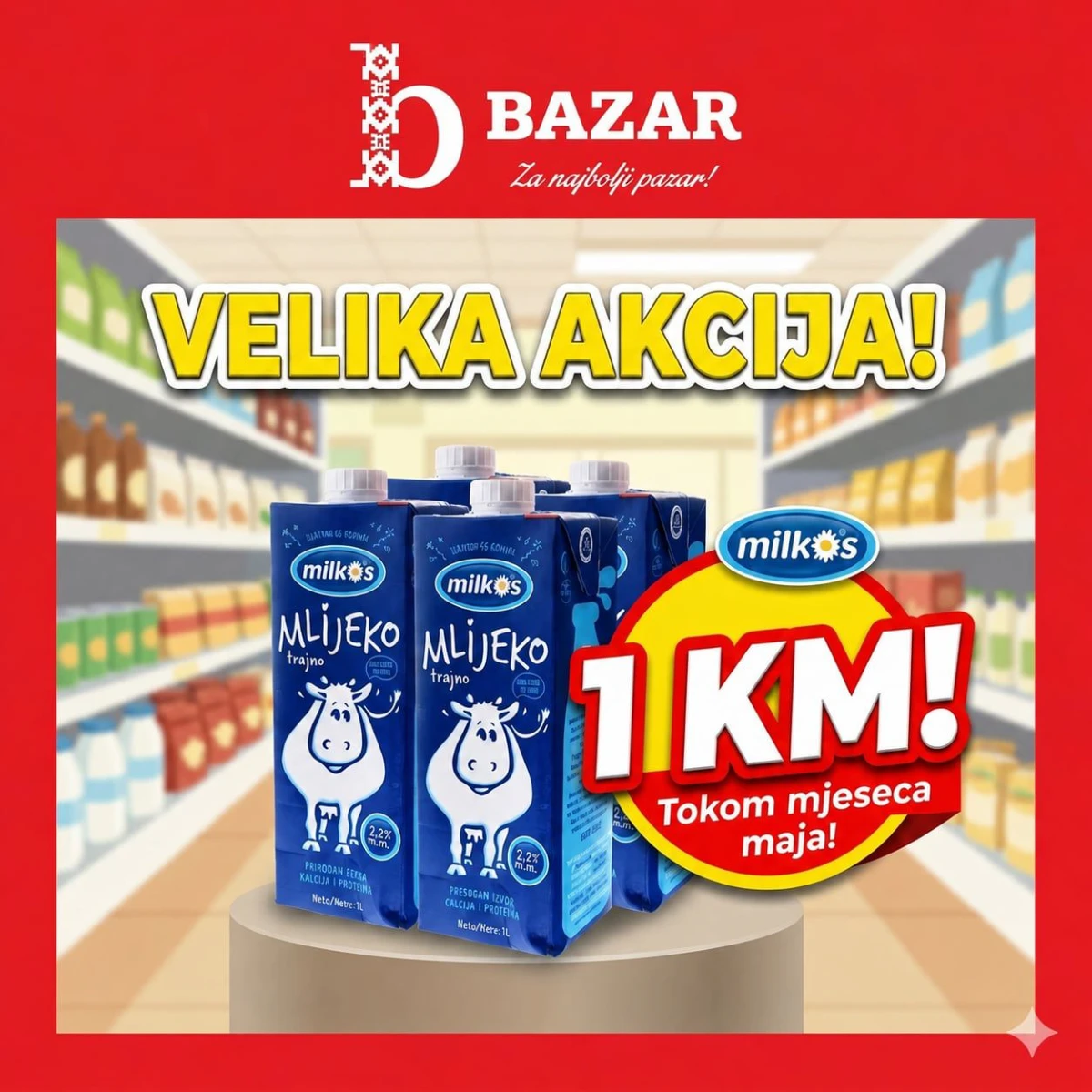 Bazar velika akcija katalog maj 2026 – Milkos mlijeko 1 KM, Red Bull 1,95 KM, Greek yogurt 1,80 KM i čokolade 1,65 KM