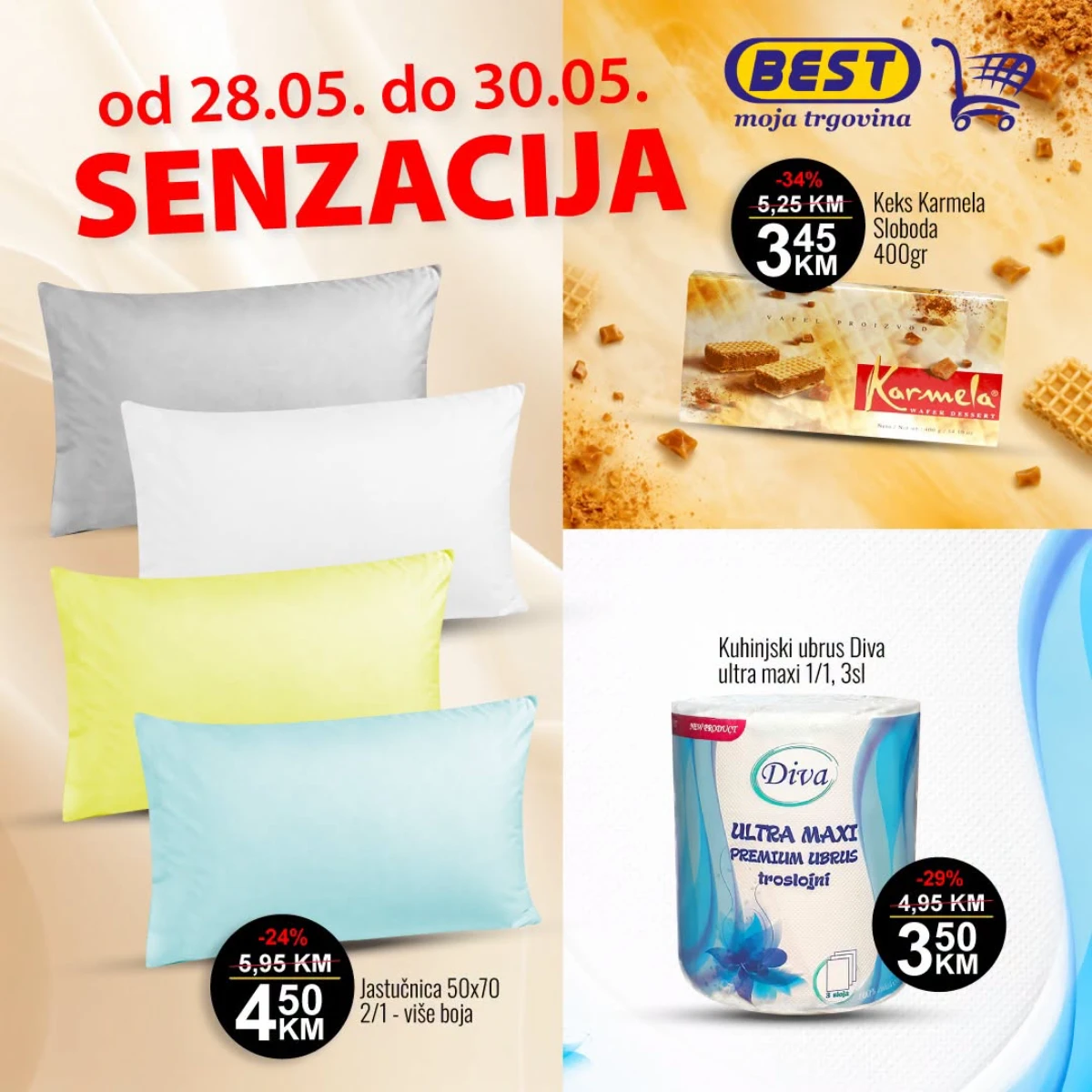 BEST senzacija akcija 28–30.05.2026 – jastučnice 4,50 KM, Karmela keks 3,45 KM i Diva ubrusi 3,50 KM