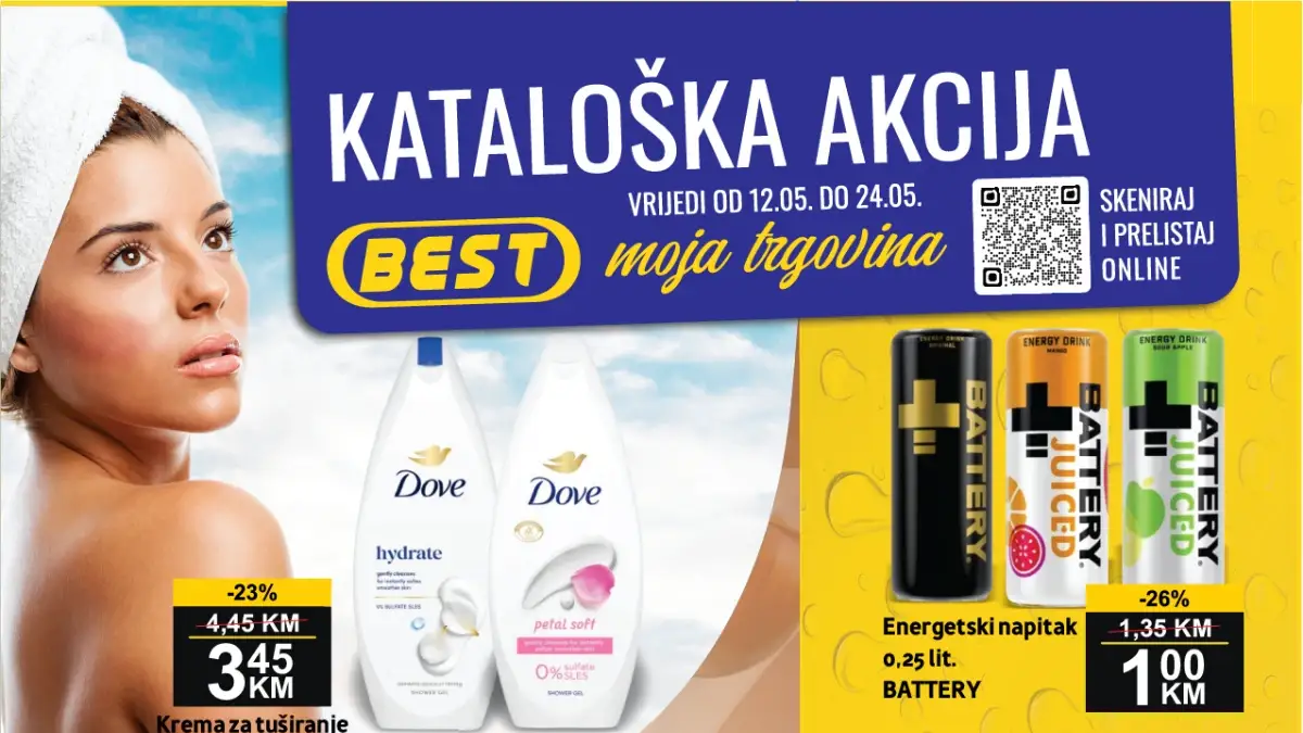 BEST katalog akcija maj 2026 – Dove gel 3,45 KM, Lino Lada 4,75 KM, smrznuta peciva i piće po sniženim cijenama do 24.05.2026