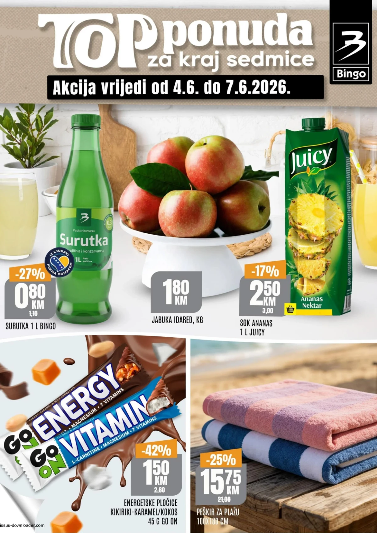 Bingo TOP ponuda za kraj sedmice od 04.06. do 07.06.2026 – surutka, jabuke, Juicy sok i energetske pločice na akciji