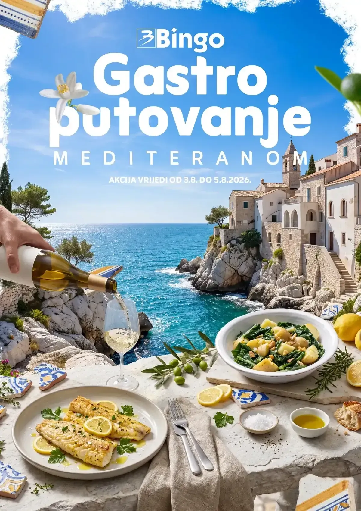 Bingo Gastro putovanje Mediteranom do 05.08.2026. donosi popuste do 50% na mediteranske namirnice, vino, maslinovo ulje, začine i kuhinjski pribor.