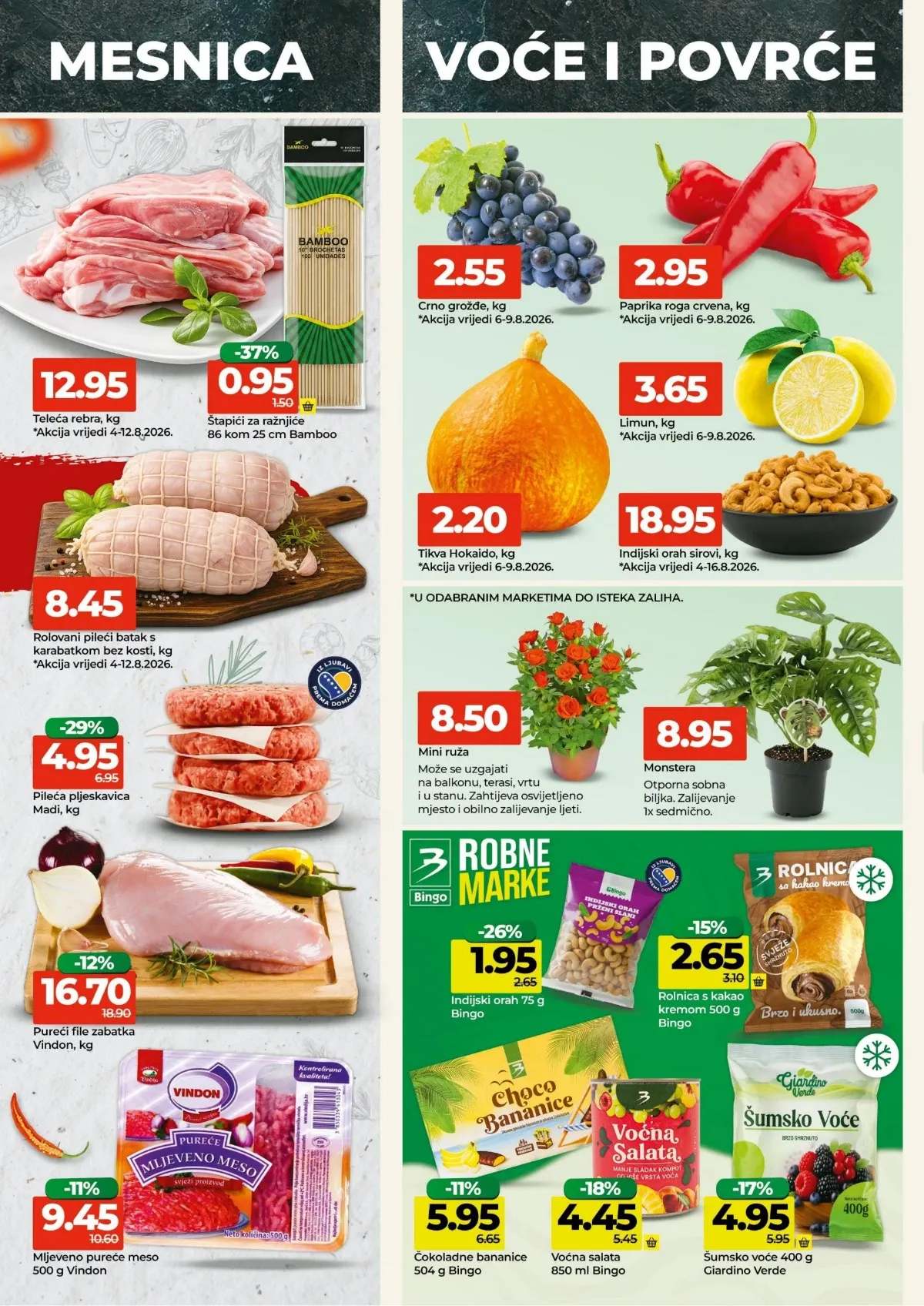 Bingo katalog do 16.08.2026. – teleća rebra i pileći file, limun, paprika, grožđe i svježe voće na akciji