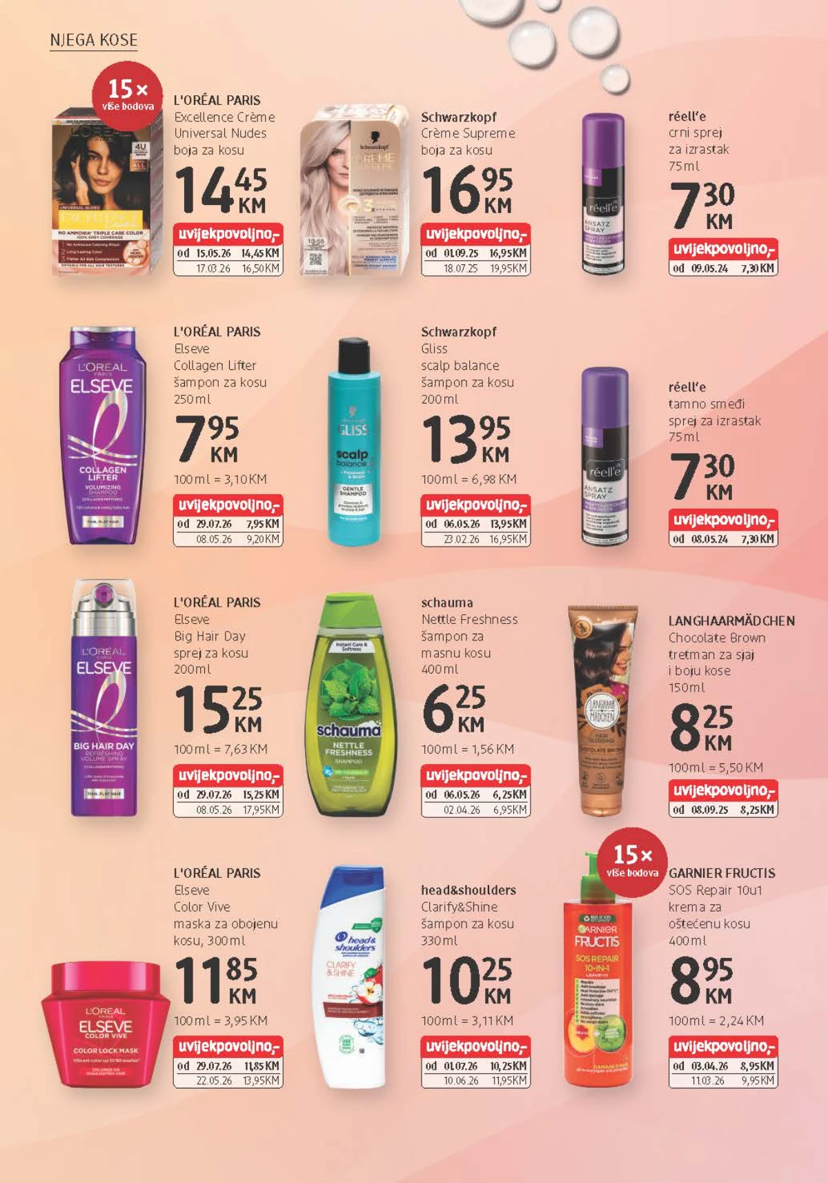 dm katalog donosi boje, šampone, maske i tretmane za kosu brendova L'Oréal, Schwarzkopf i Garnier