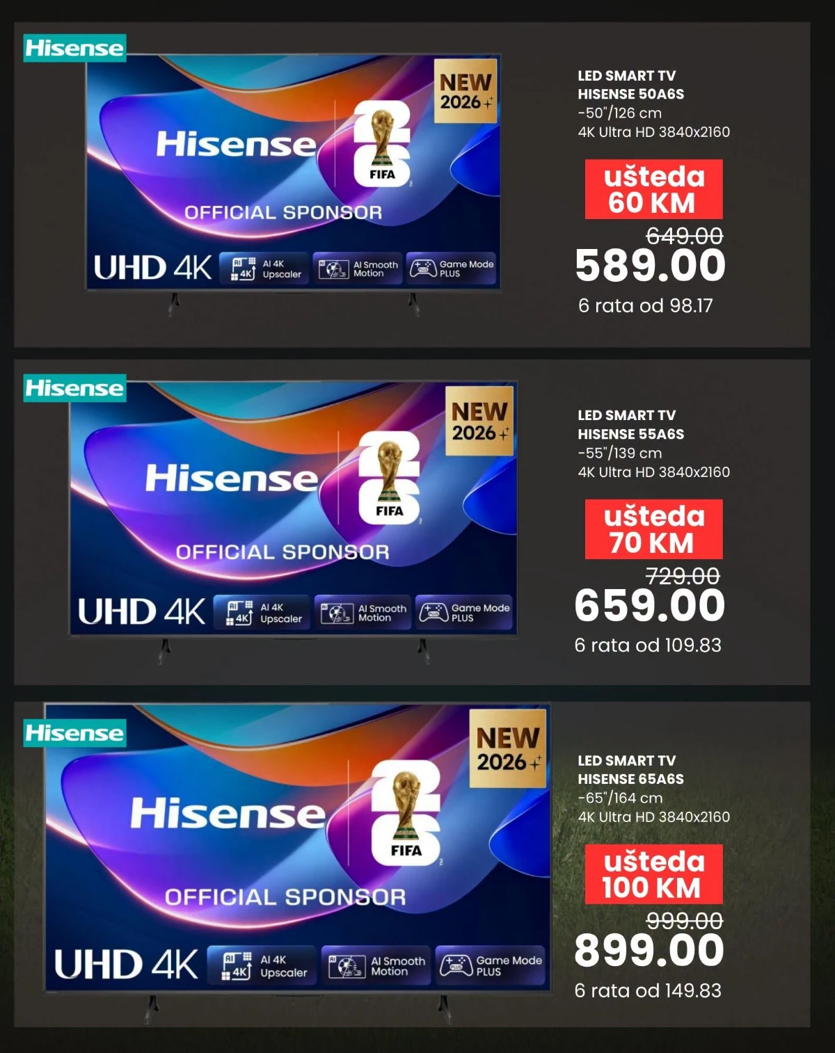 Hisense UHD 4K televizori 50 55 i 65 inča u FIS Match Zona akciji