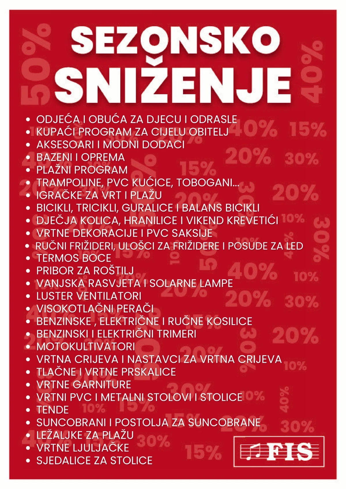 FIS sezonsko sniženje do 31.07.2026. – popusti do 50% na bazene, vrtni namještaj, kosilice, odjeću i proizvode za dom