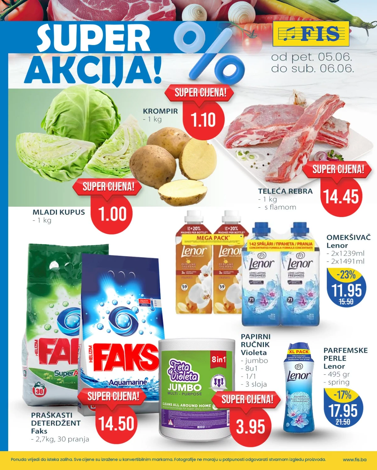 FIS Super akcija do 06.06.2026 – kupus 1,00 KM, krompir 1,10 KM i teleća rebra 14,45 KM