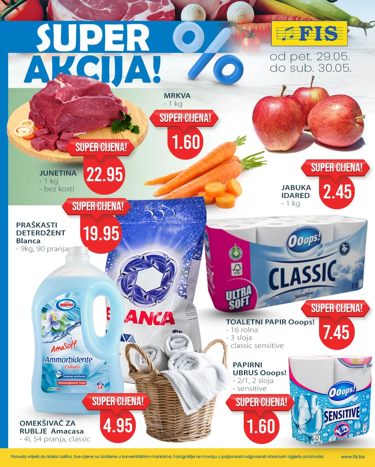FIS Super akcija 29–30.05.2026 – junetina bez kosti, mrkva, jabuka Idared i proizvodi za domaćinstvo na sniženju