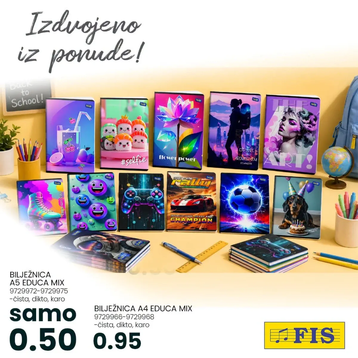 FIS školska ponuda – bilježnice A5 i A4 u različitim dezenima za povratak u školu