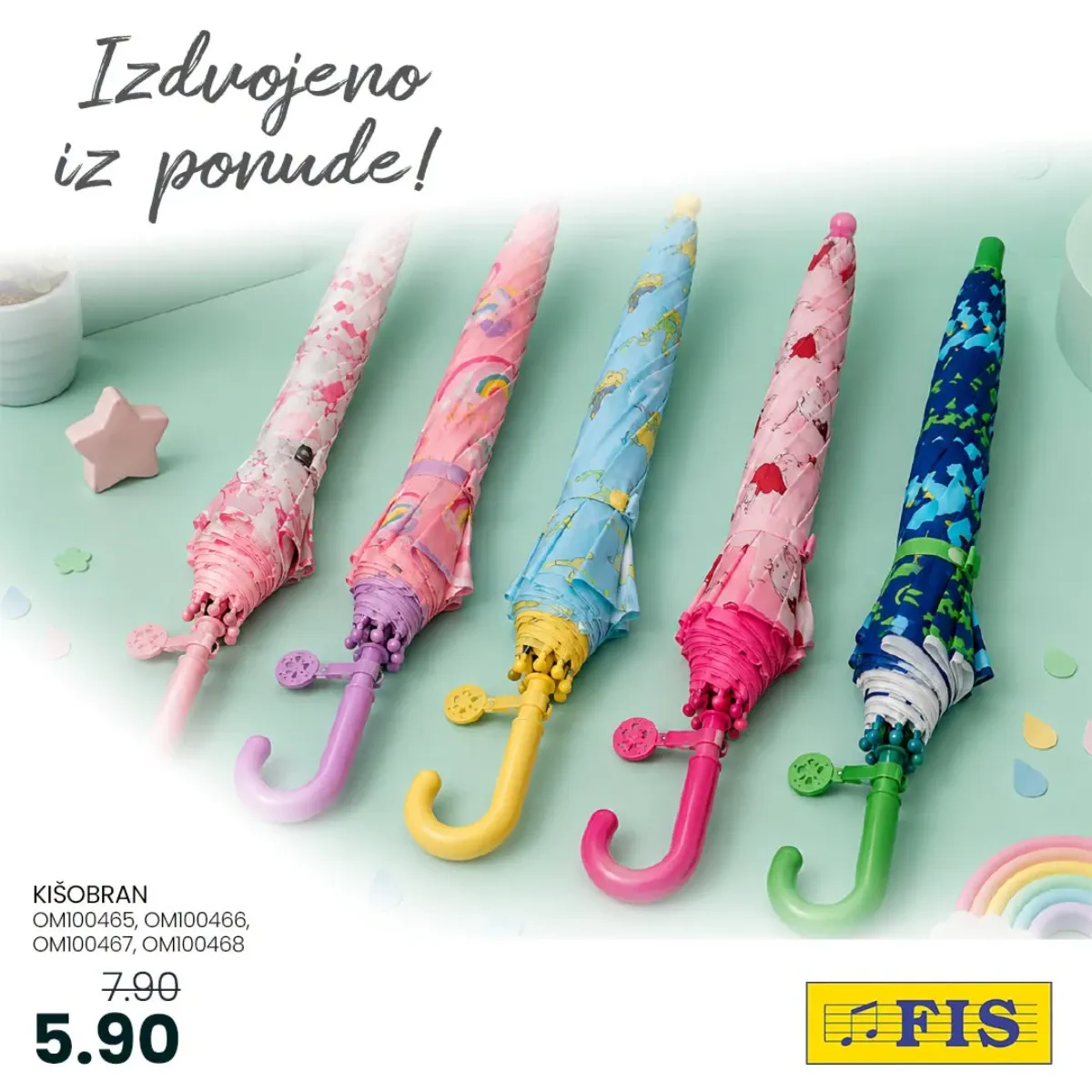 FIS izdvojena ponuda – dječiji kišobrani u različitim bojama i dezenima