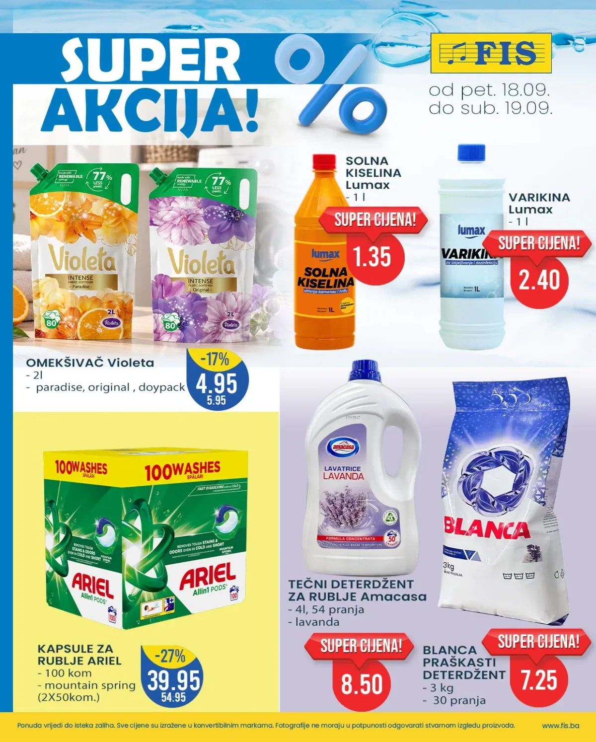 FIS SUPER AKCIJA 18. i 19.09.2026. – Ariel kapsule, Violeta omekšivač i sredstva za pranje po sniženim cijenama