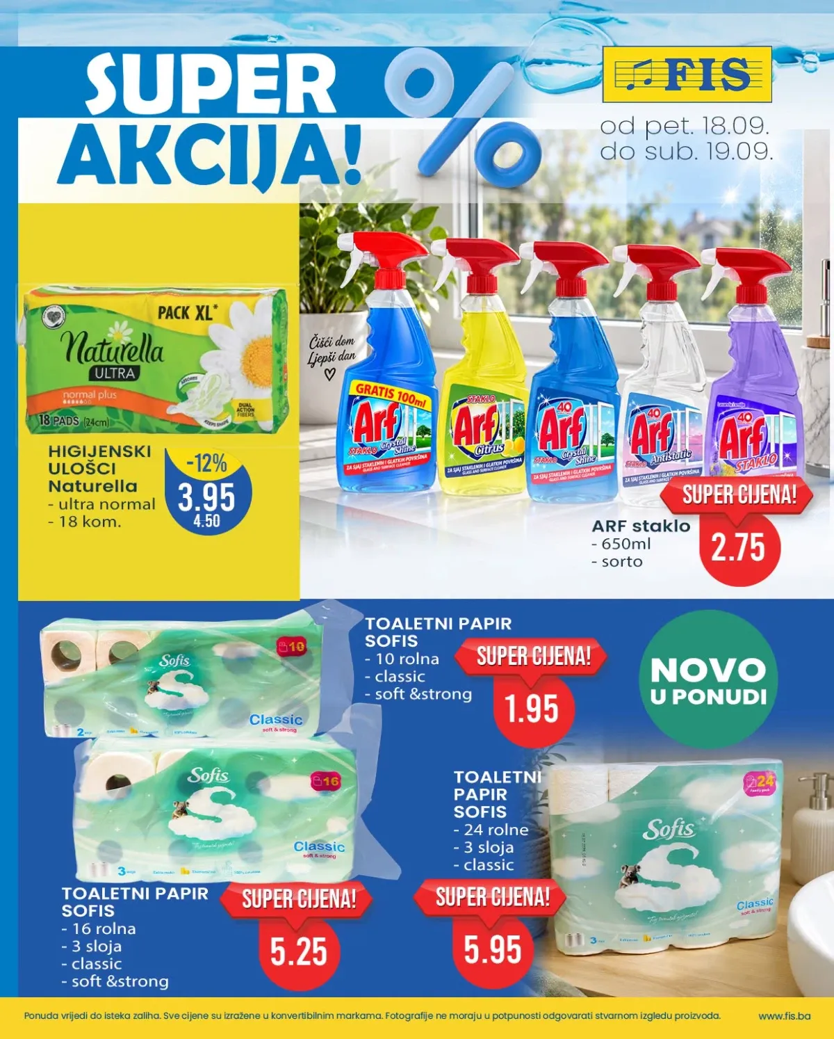 FIS SUPER AKCIJA 18. i 19.09.2026. – Sofis toaletni papir, Arf sredstva za staklo i higijenski ulošci