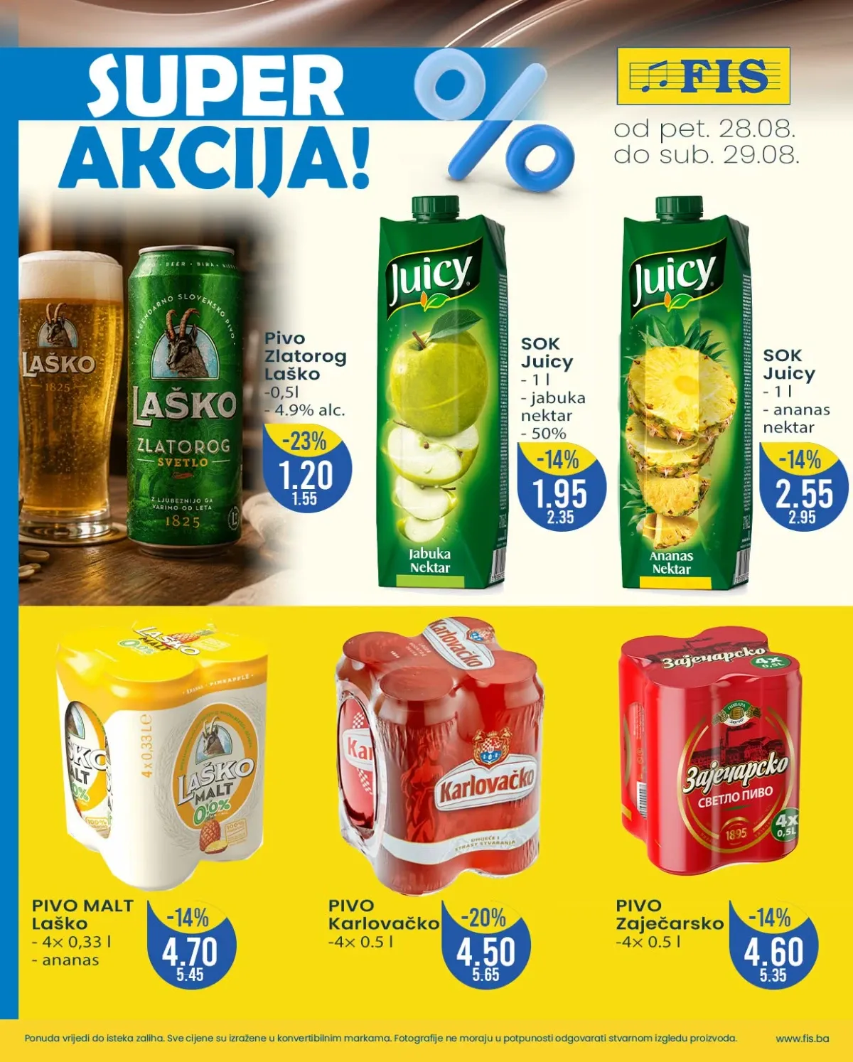 FIS vikend akcija do 29.08.2026. – Laško, Karlovačko i Zaječarsko pivo te Juicy sokovi