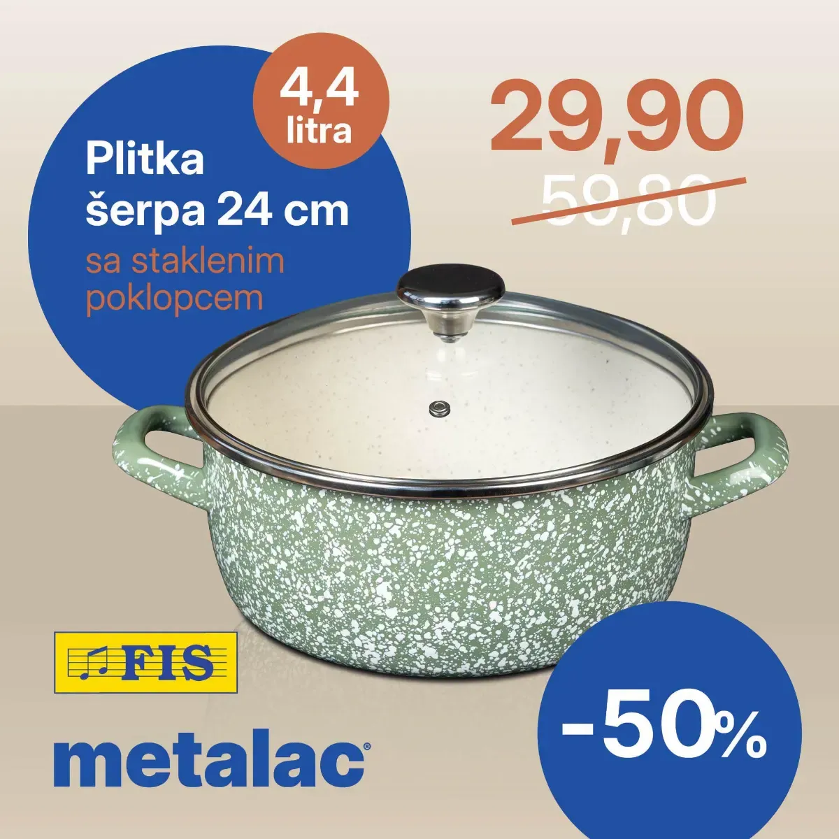Plitka šerpa Olivia 24 cm – 29,90 KM FIS Metalac Olivia plitka šerpa 24 cm sa staklenim poklopcem za 29,90 KM