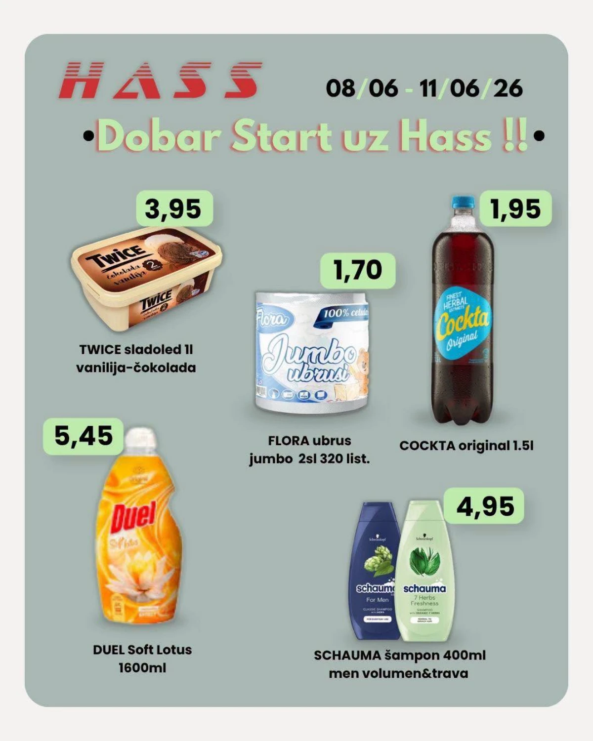 Hass Komerc akcija do 11.06.2026 – Cockta 1,95 KM, Flora ubrusi 1,70 KM i Twice sladoled 3,95 KM