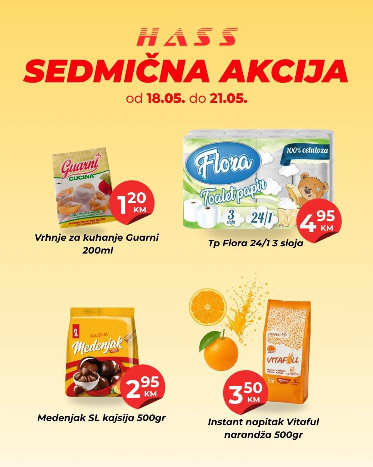 Hass Komerc sedmična akcija maj 2026 Flora toalet papir Guarni vrhnje Medenjak i Vitafull napitak na sniženju od 18.05. do 21.05.2026
