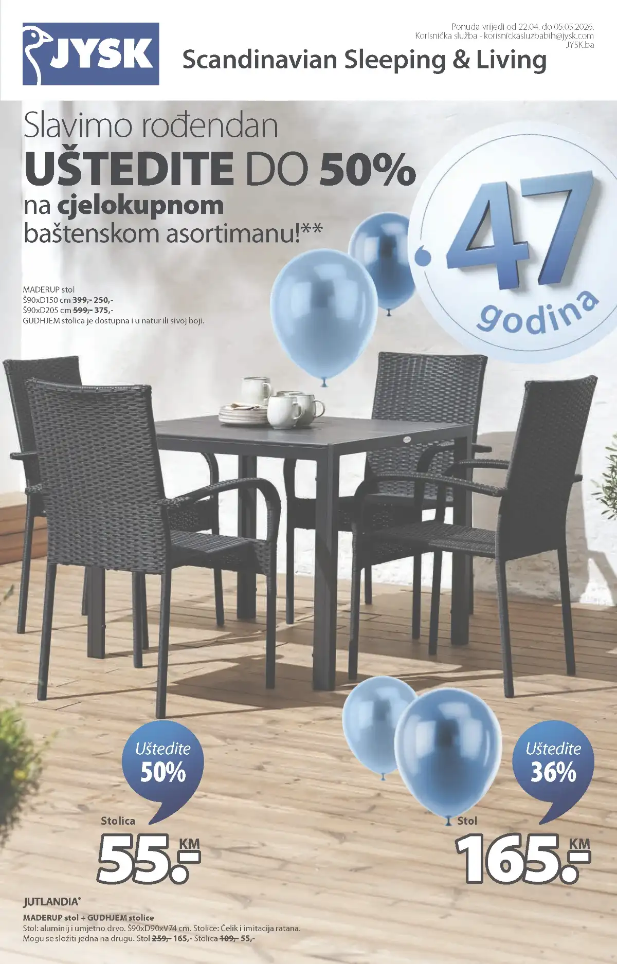 JYSK rođendanska akcija do 50 posto baštenski namještaj stolovi stolice do 05.05.2026 BiH katalog