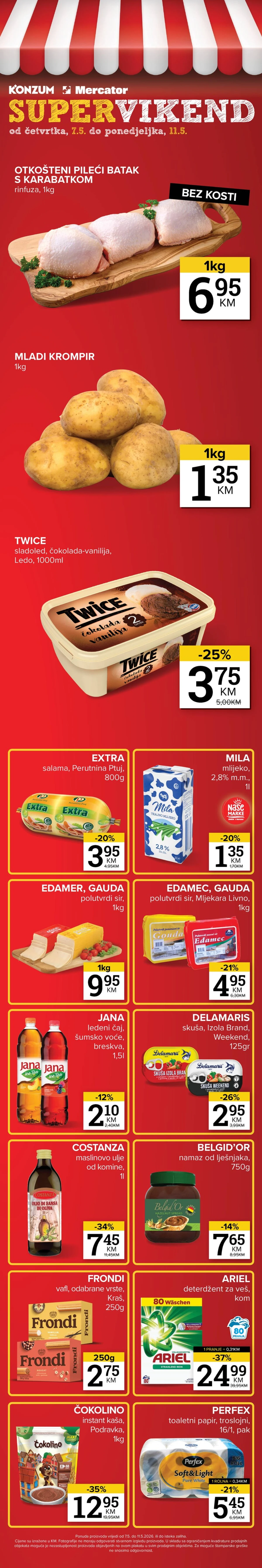 Konzum i Mercator Super Vikend akcija – pileći batak 6,95 KM, krompir 1,35 KM i Ariel 24,99 KM do 11.05.2026