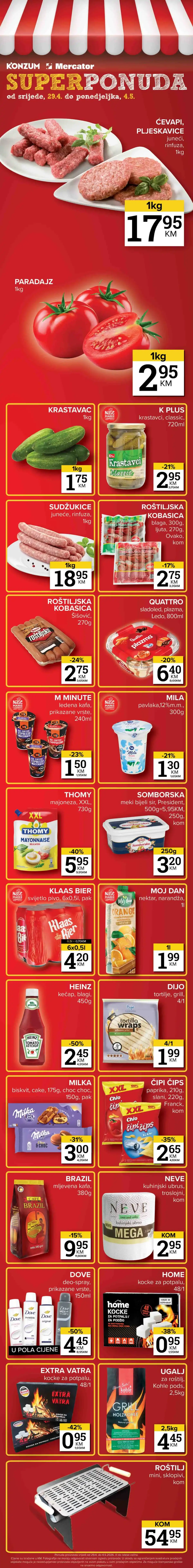 Konzum i Mercator SUPER ponuda ćevapi 17,95 KM paradajz 2,95 KM roštilj akcija do 04. maja 2026