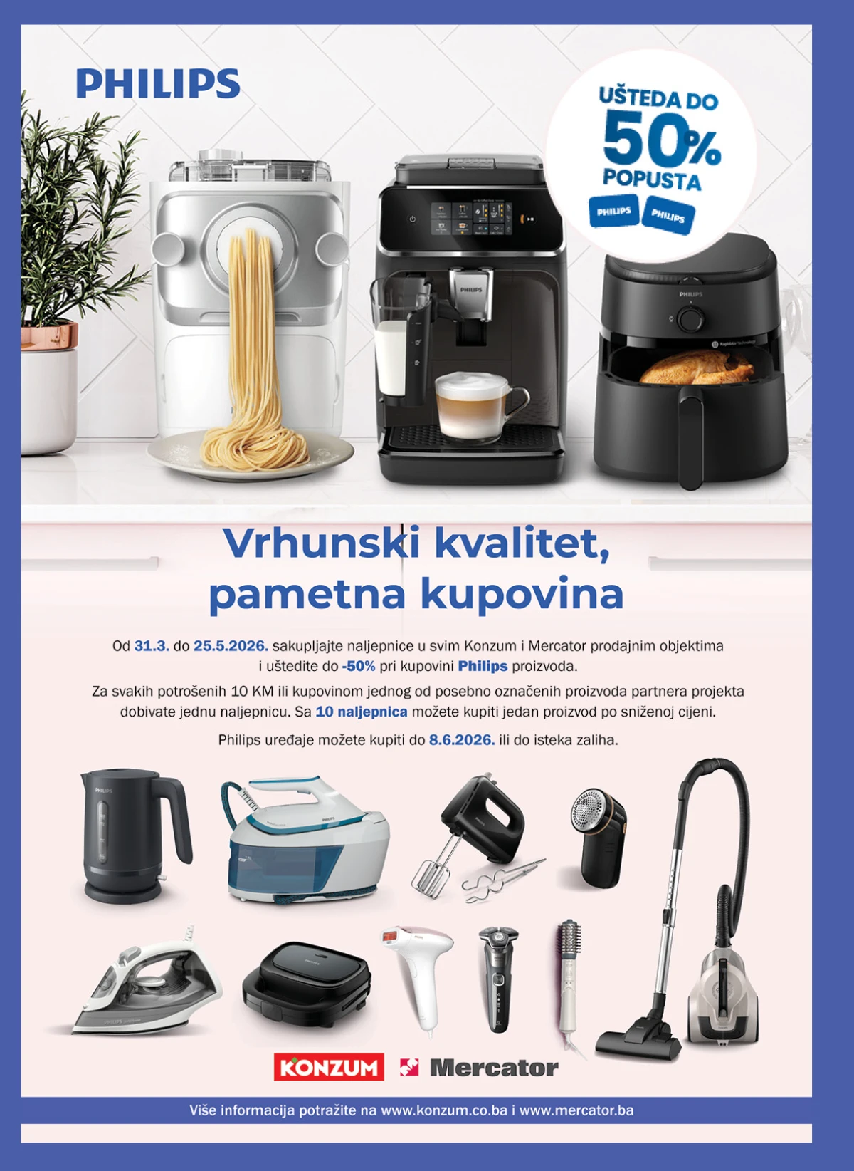 Konzum i Mercator Philips akcija do 50% popusta na kućanske uređaje Konzum i Mercator Philips katalog maj 2026 aparat za kafu air fryer i kućanski uređaji do 50 posto popusta