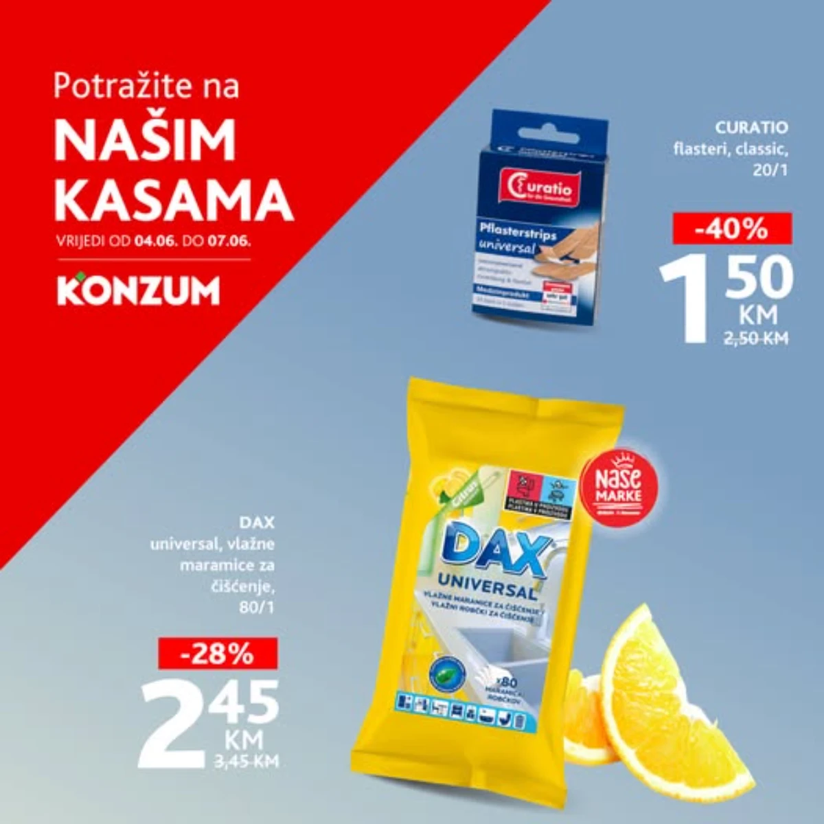 Konzum akcija na kasama do 07.06.2026 – Curatio flasteri i DAX vlažne maramice po sniženim cijenama
