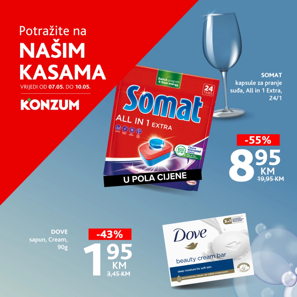 Konzum i Mercator TOP akcija na kasama do 10.05.2026 Somat kapsule 8,95 KM Dove sapun 1,95 KM popusti do 55 posto