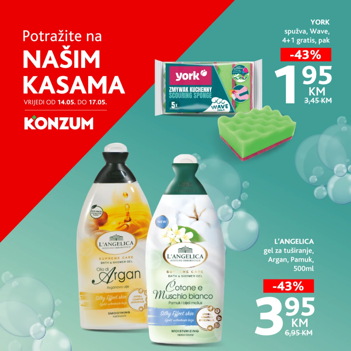 Konzum i Mercator akcija na kasama do 17.05.2026 L'Angelica gelovi za tuširanje 3,95 KM i YORK spužve 1,95 KM katalog sniženja