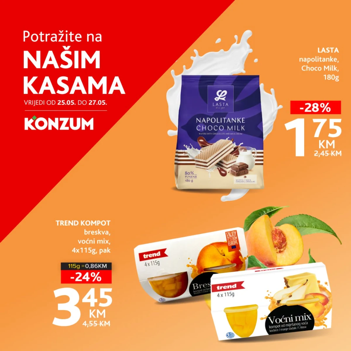 Konzum i Mercator akcija na kasama do 27.05.2026 Lasta napolitanke Choco Milk 1,75 KM i Trend kompot 3,45 KM