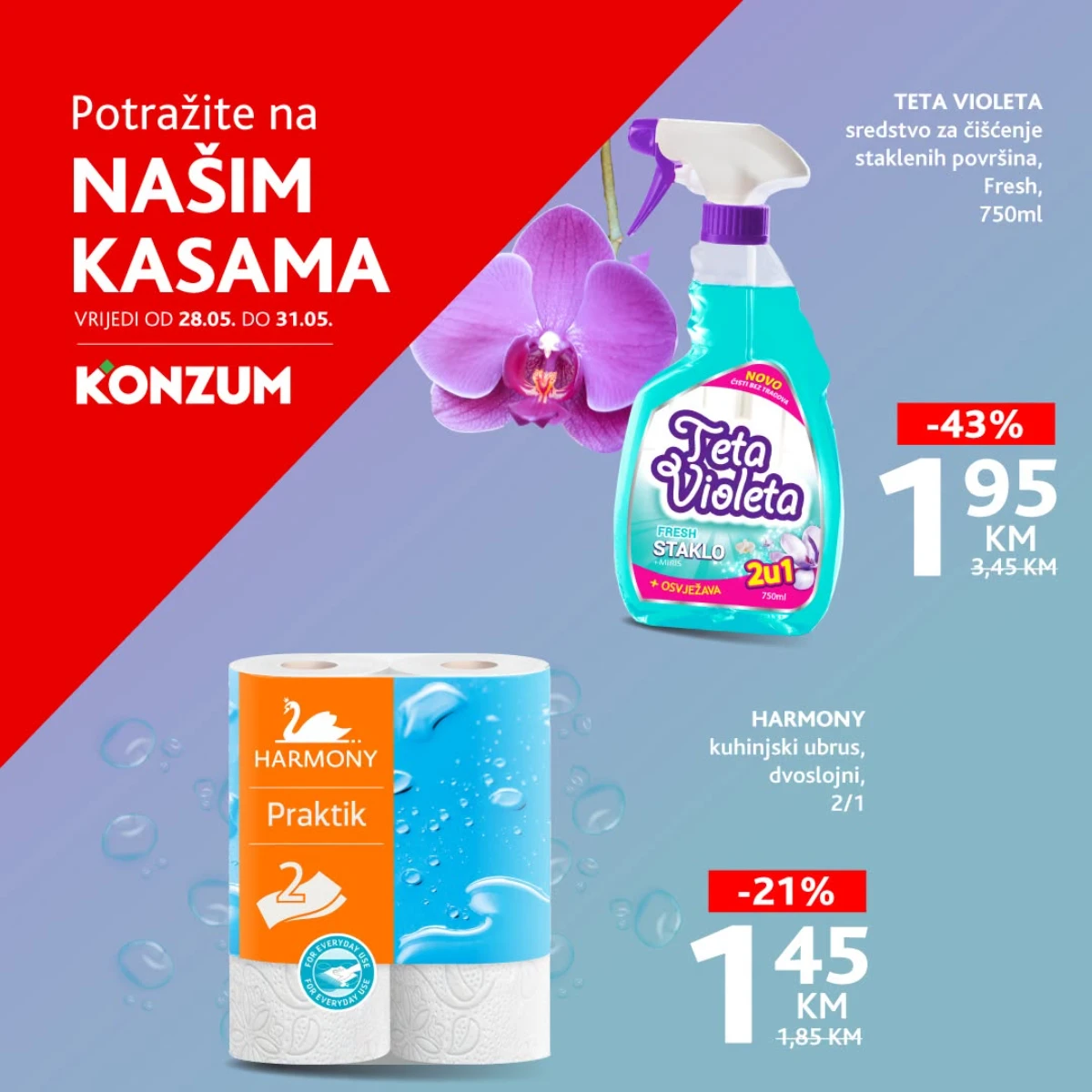Konzum i Mercator akcija na kasama do 31.05.2026 – Teta Violeta sredstvo za staklo 1,95 KM i Harmony kuhinjski ubrus 1,45 KM