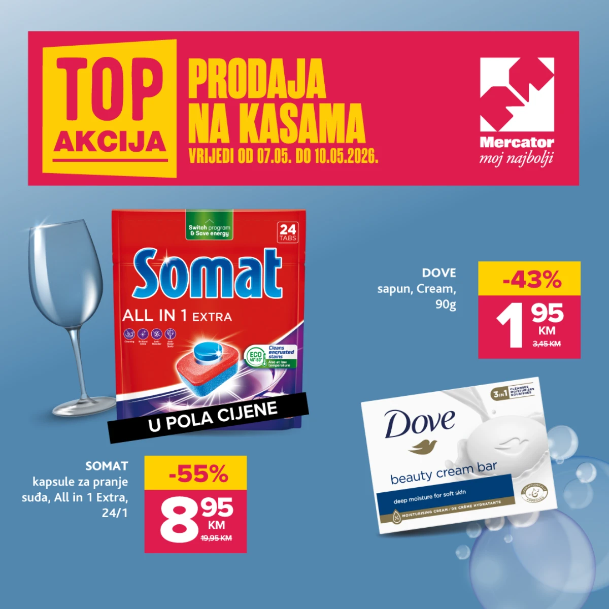 Mercator i Konzum TOP akcija Somat kapsule 8,95 KM Dove sapun 1,95 KM