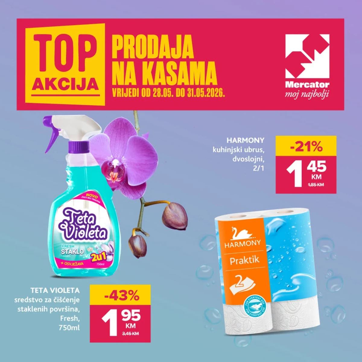 Mercator i Konzum akcija na kasama do 31.05.2026 – Teta Violeta sredstvo za staklo i Harmony kuhinjski ubrus na sniženju