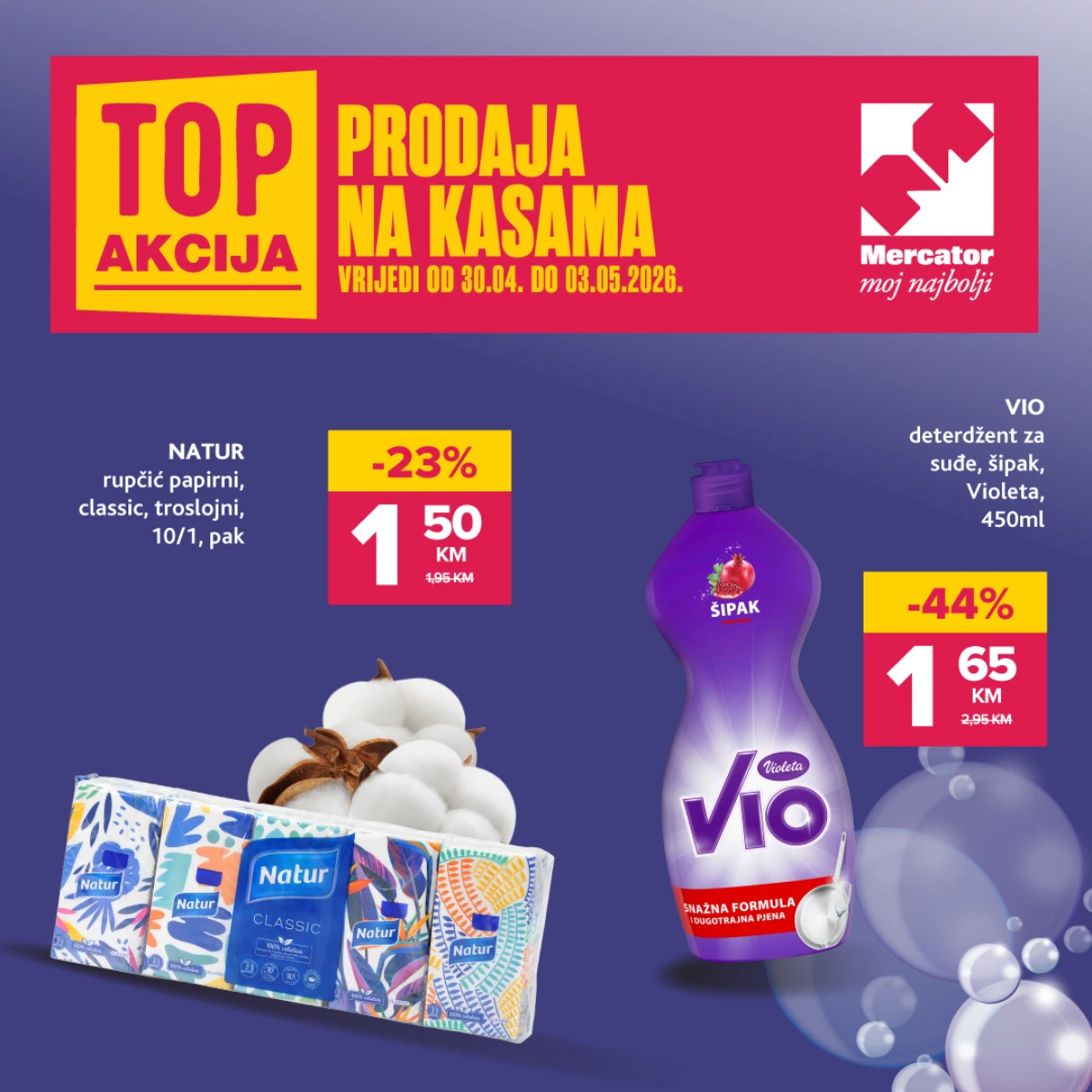 Mercator i Konzum akcija na kasama deterdžent Vio i Natur papir po sniženim cijenama