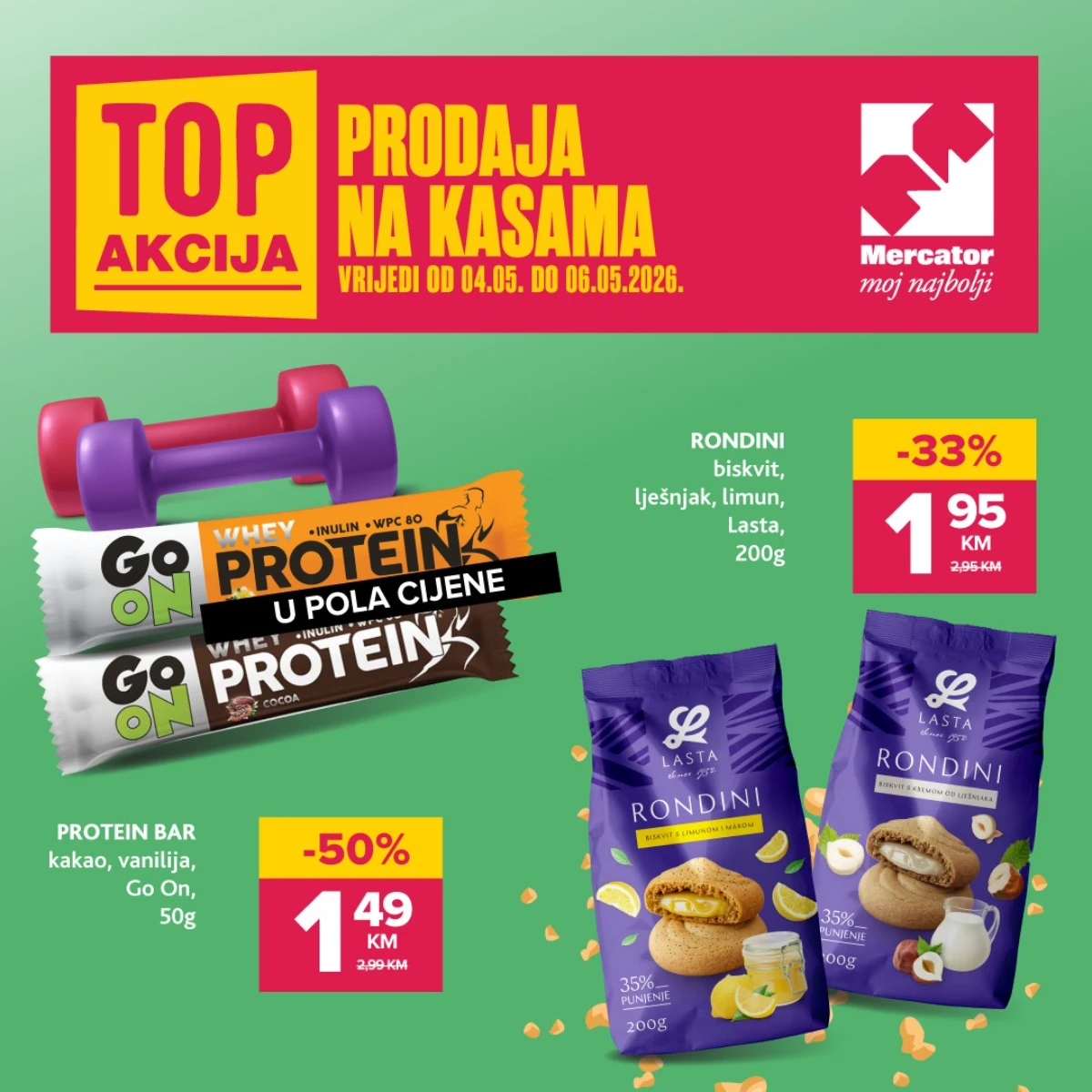 Mercator i Konzum akcija na kasama protein bar 1,49 KM i Rondini keks 1,95 KM katalog sniženja