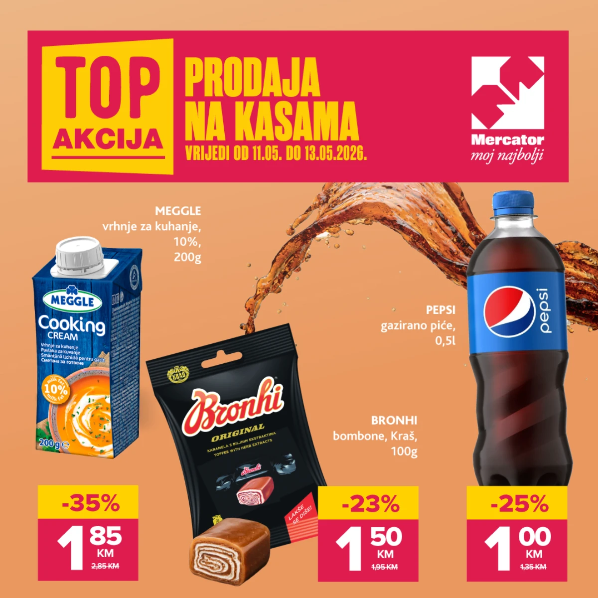 Mercator i Konzum akcija na kasama Pepsi 1 KM Bronhi bombone 1,50 KM i Meggle vrhnje 1,85 KM katalog