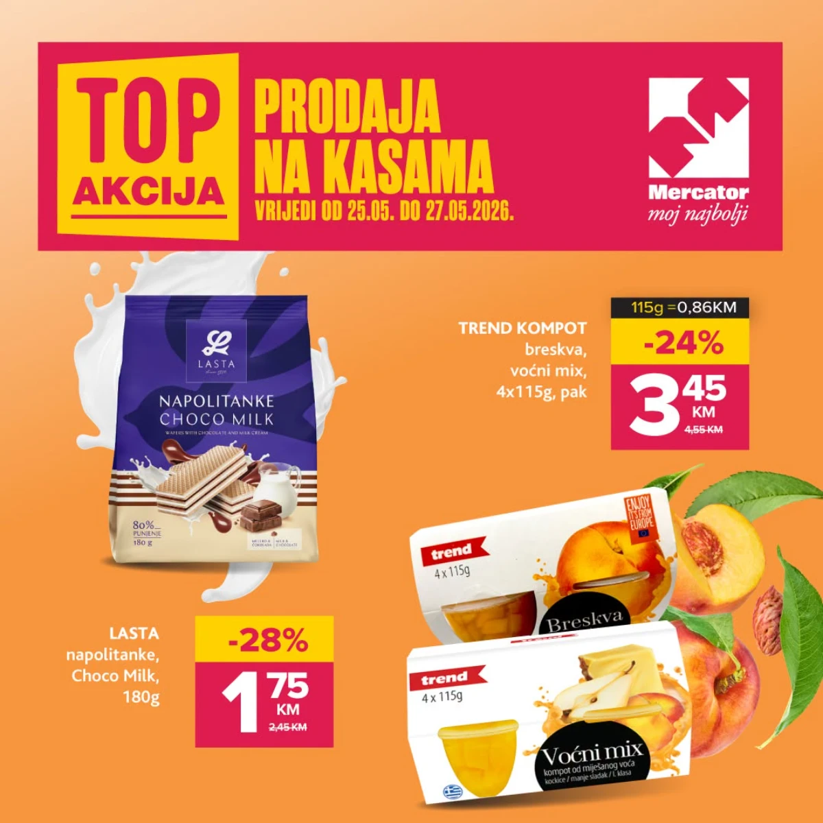 Mercator i Konzum akcija na kasama do 27.05.2026 Lasta napolitanke Choco Milk 1,75 KM i Trend kompot 3,45 KM
