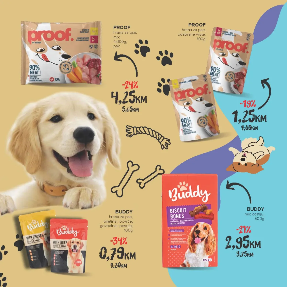 Buddy i Proof hrana za pse i poslastice na sniženju do 34% u Konzumu i Mercatoru do 30.09.2026.