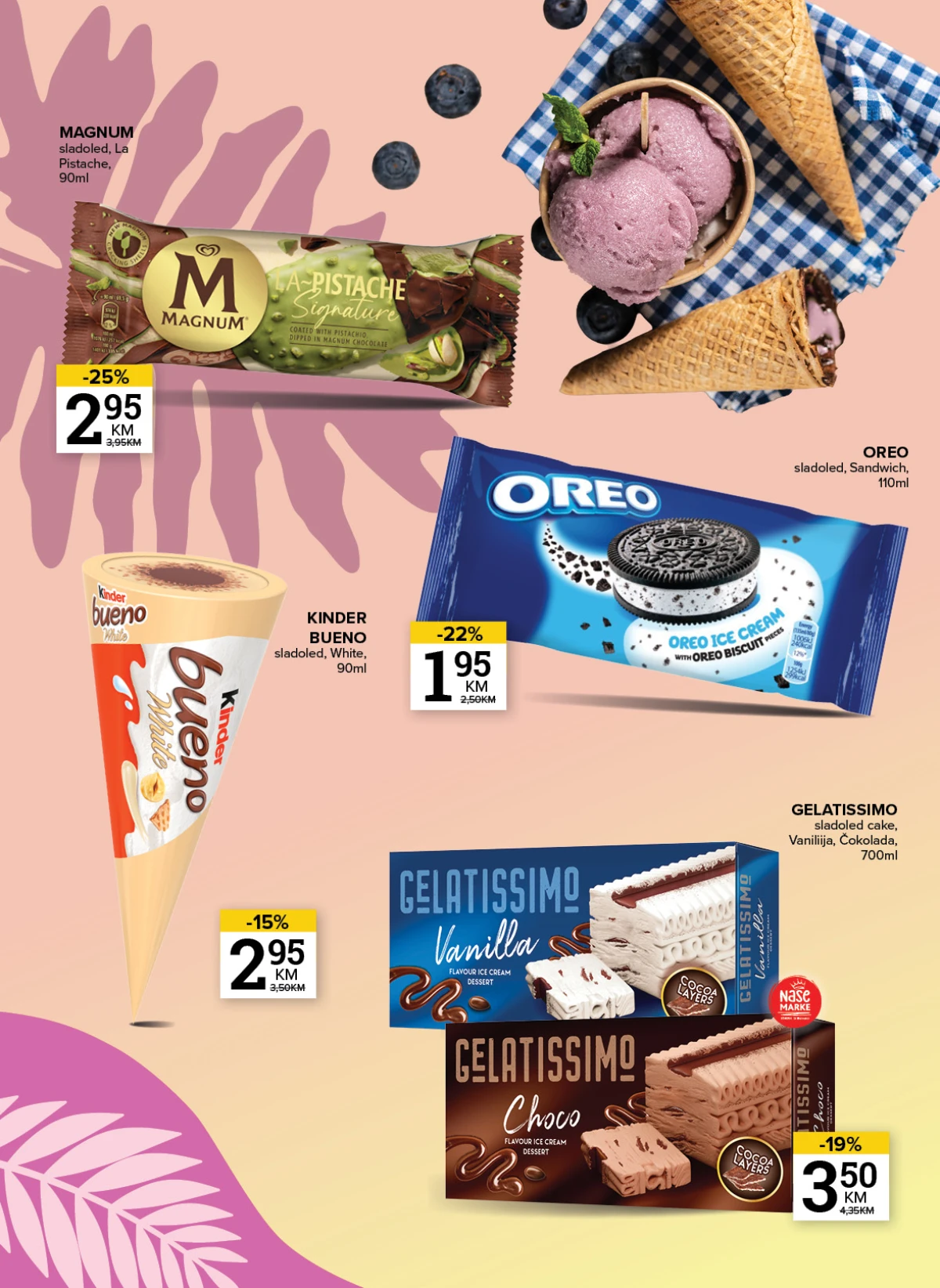 Magnum Pistache, Oreo Sandwich, Kinder Bueno White i Gelatissimo sladoledi na akciji u Konzumu i Mercatoru
