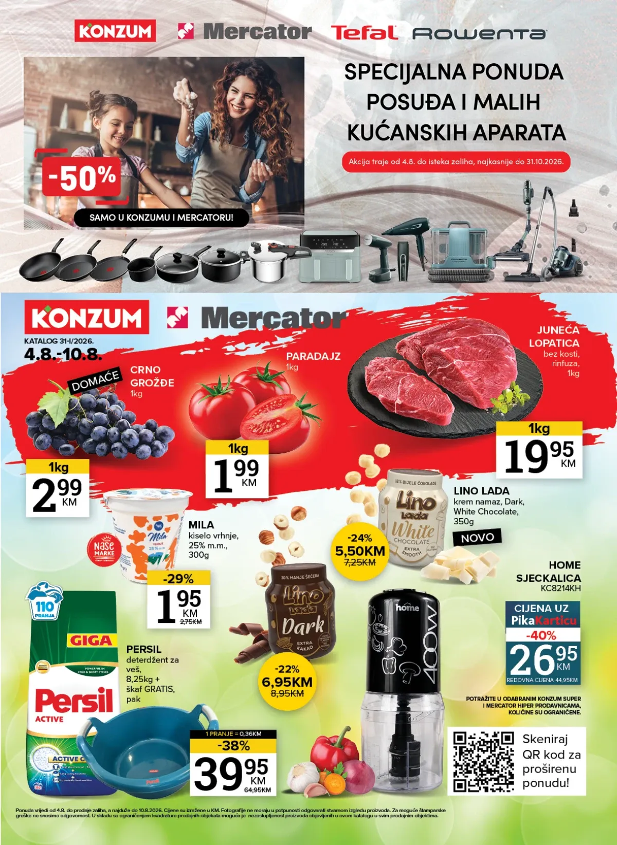 Konzum i Mercator katalog do 10.08.2026. donosi popuste do 50% na meso, voće, mliječne proizvode, deterdžente i kućanske aparate