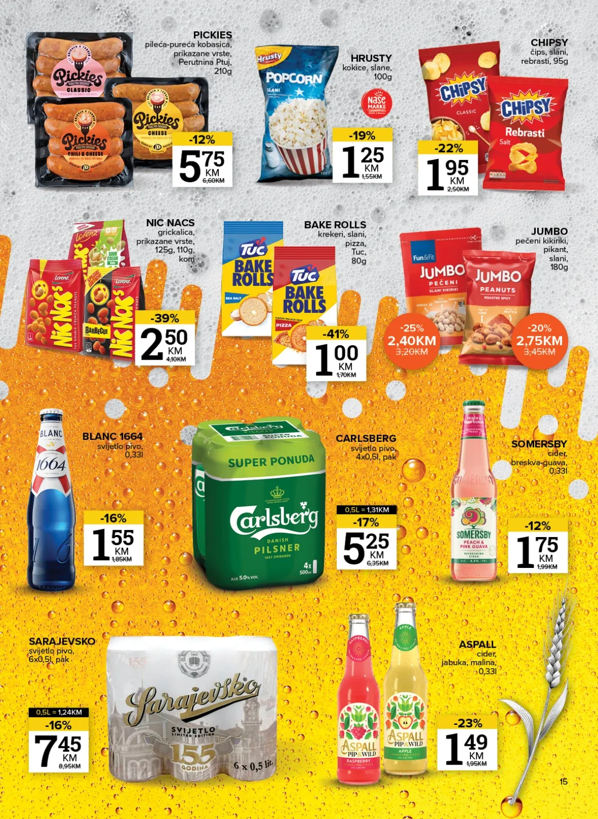 Konzum i Mercator katalog do 10.08.2026. – Chipsy, Bake Rolls, Somersby, Carlsberg i grickalice (strana 15)