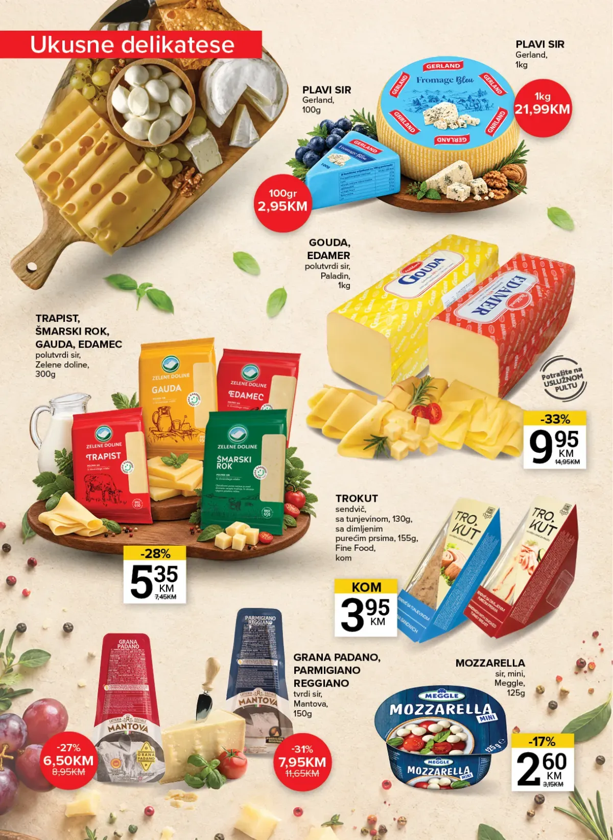 Konzum i Mercator katalog – sirevi Gouda, Edamer, Trapist, Mozzarella, Grana Padano i Trokut