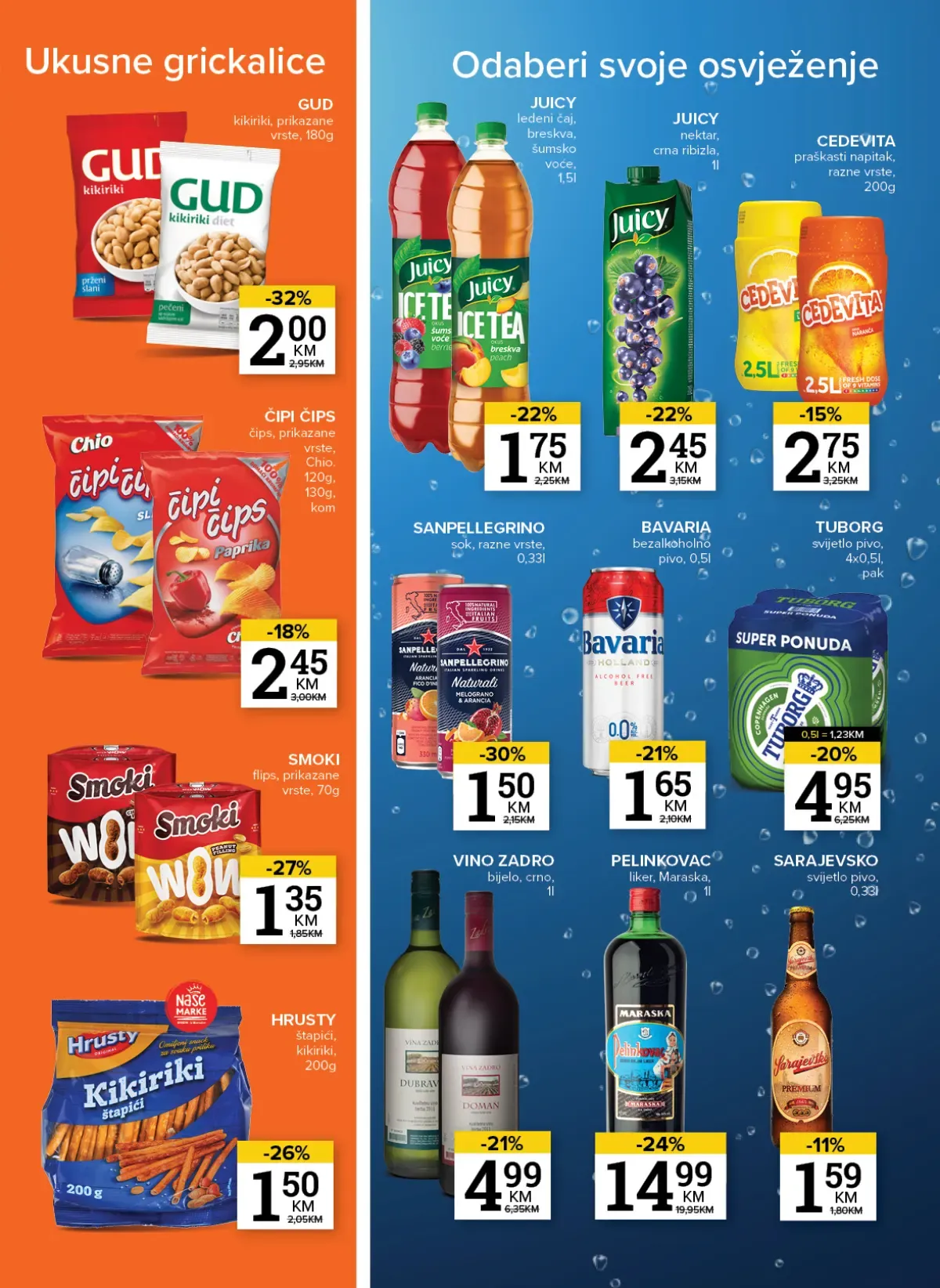 Konzum i Mercator katalog – grickalice, sokovi, voda, pivo i vino