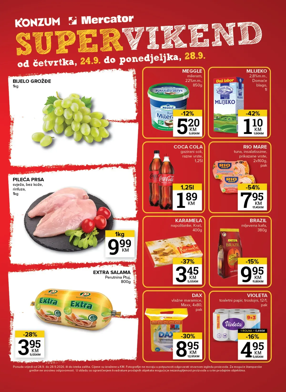 Konzum i Mercator Supervikend od 24.09. do 28.09.2026. – grožđe, pileća prsa, mlijeko, sir i kućna hemija