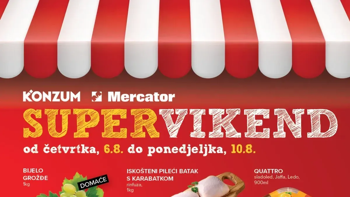Konzum i Mercator Super Vikend do 10.08.2026. donosi popuste do -60% na piletinu, grožđe, Persil, ulje, sladoled i brojne proizvode za svakodnevnu kupovinu.