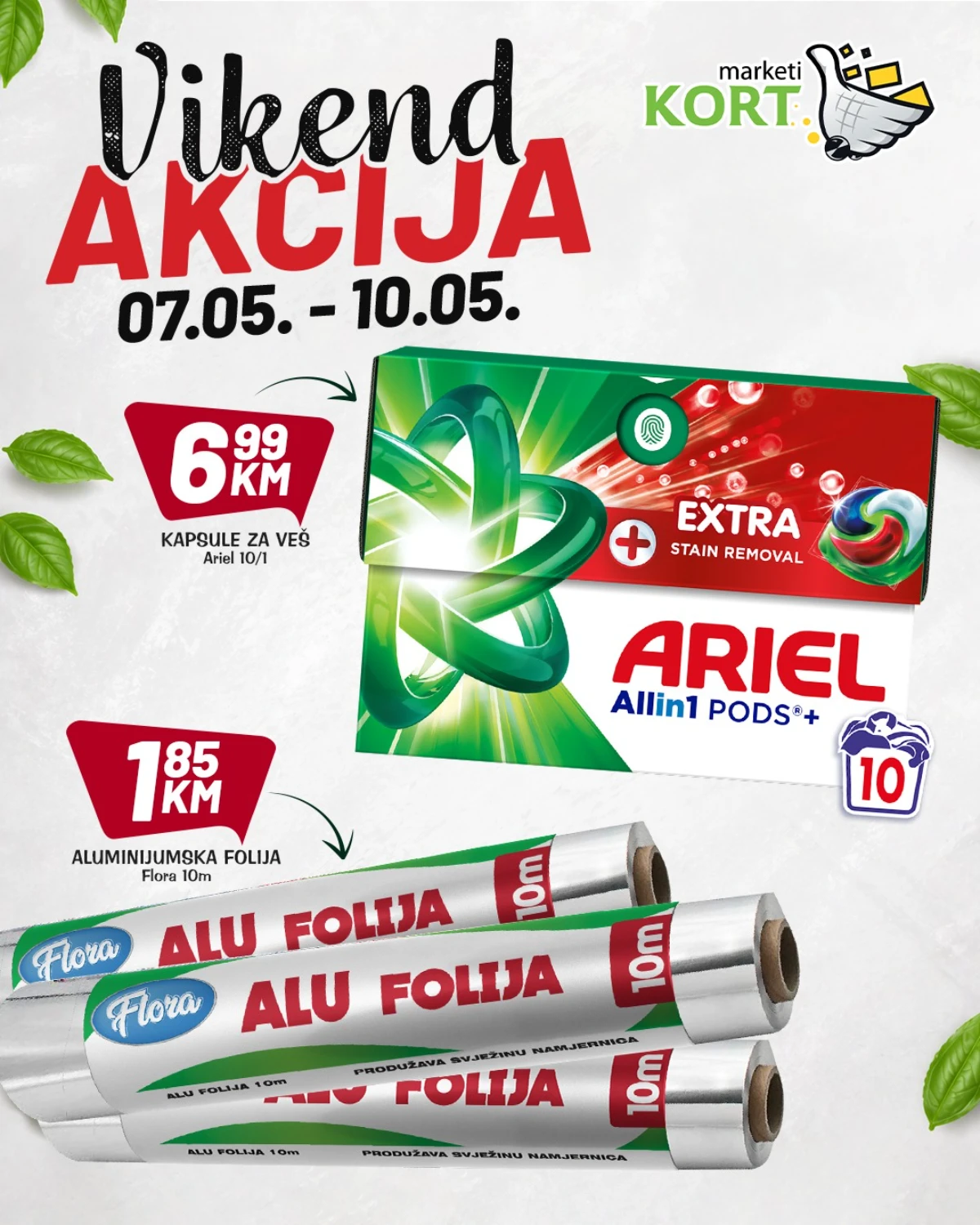 Kort Marketi akcija – Ariel kapsule za veš i alu folija Flora