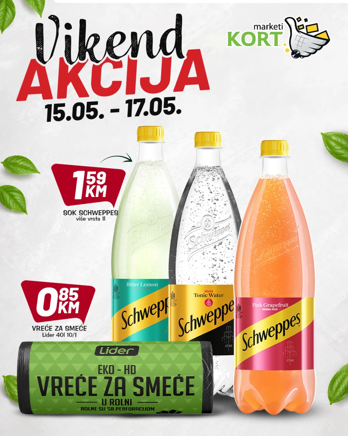 Kort Marketi katalog maj 2026 – Schweppes 1,59 KM i vreće za smeće Lider 0,85 KM