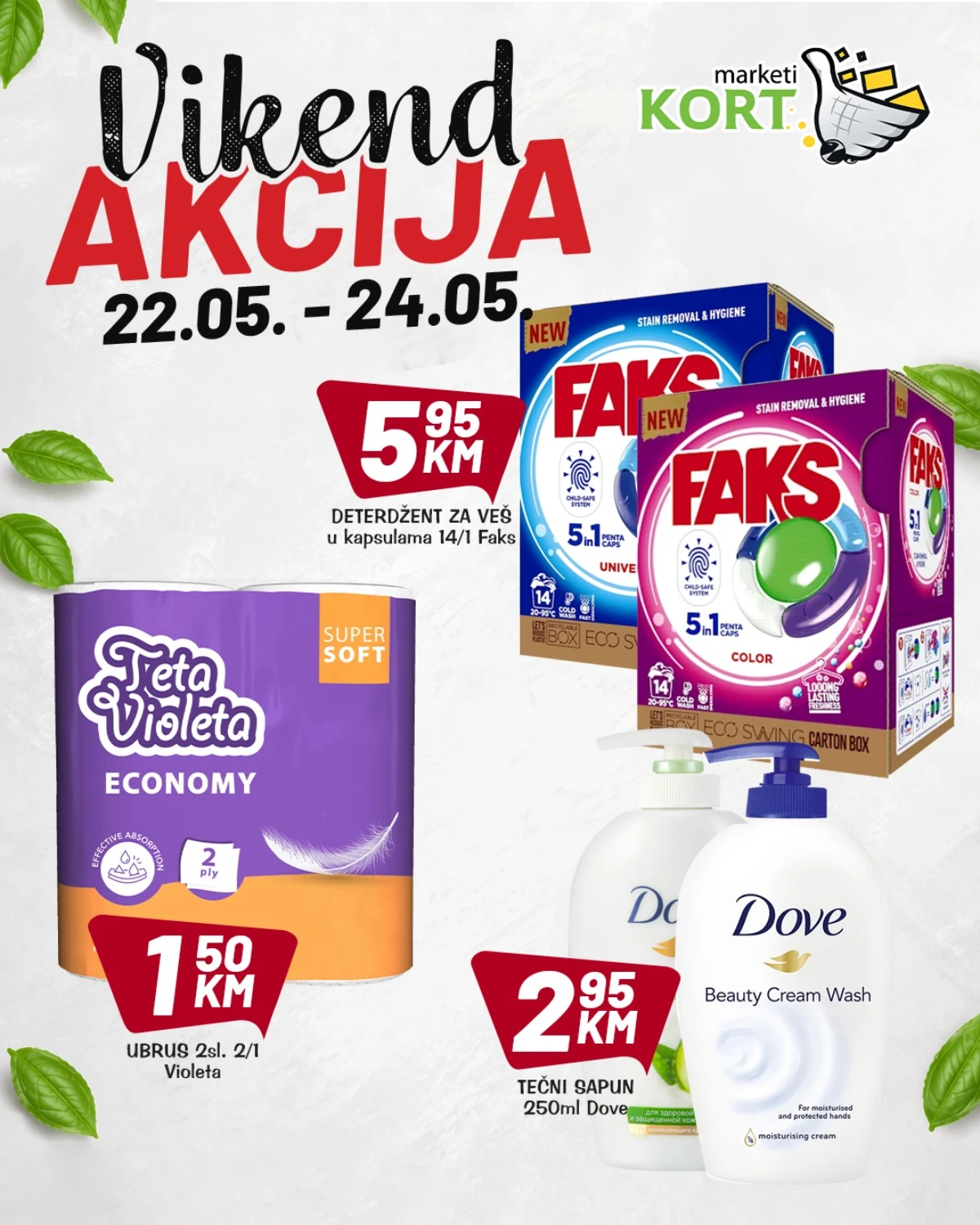 Kort Marketi katalog maj 2026 – Teta Violeta 1,50 KM, Dove tečni sapun 2,95 KM i Faks kapsule 5,95 KM