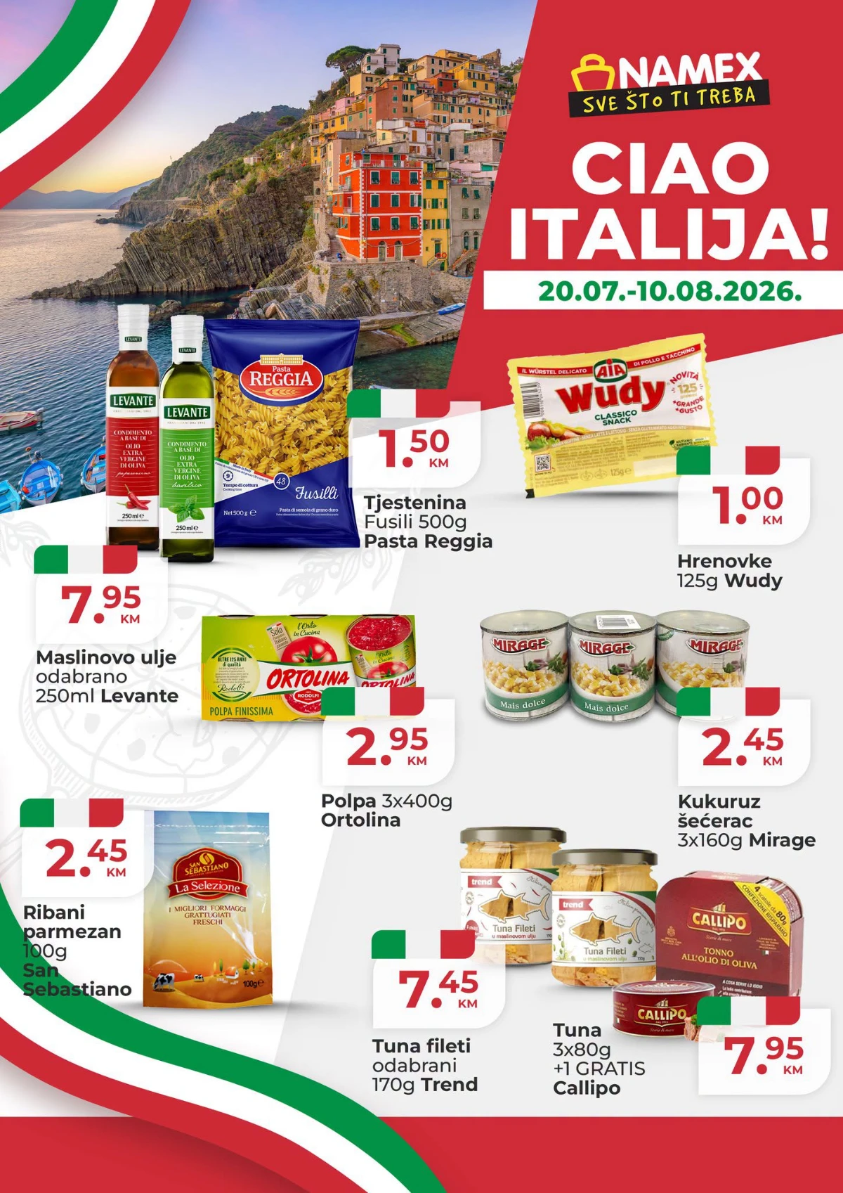 Namex Ciao Italija – italijanski proizvodi uz popuste do 50% na tjesteninu, maslinovo ulje, tunu, kukuruz šećerac i paradajz proizvode