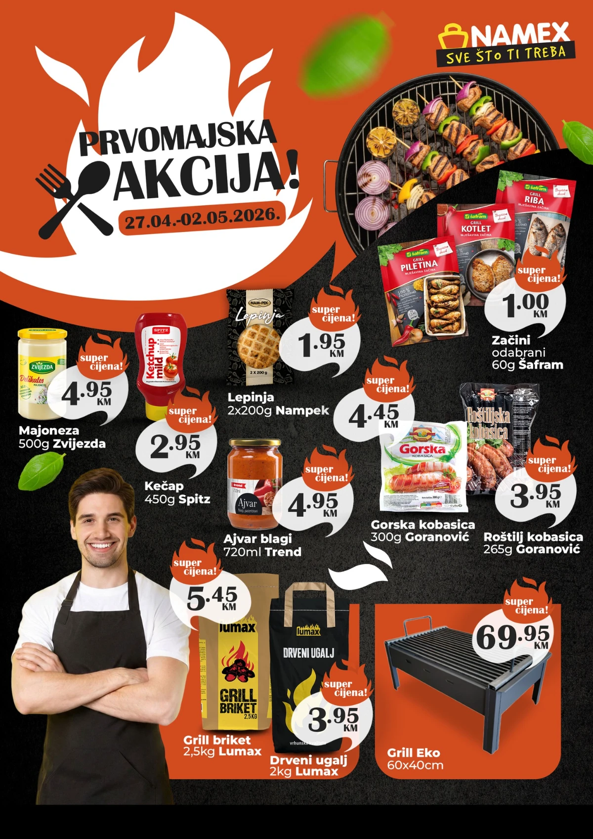 Namex Prvomajska akcija katalog strana 1 roštilj kobasice začini ugalj i oprema do 02.05.2026