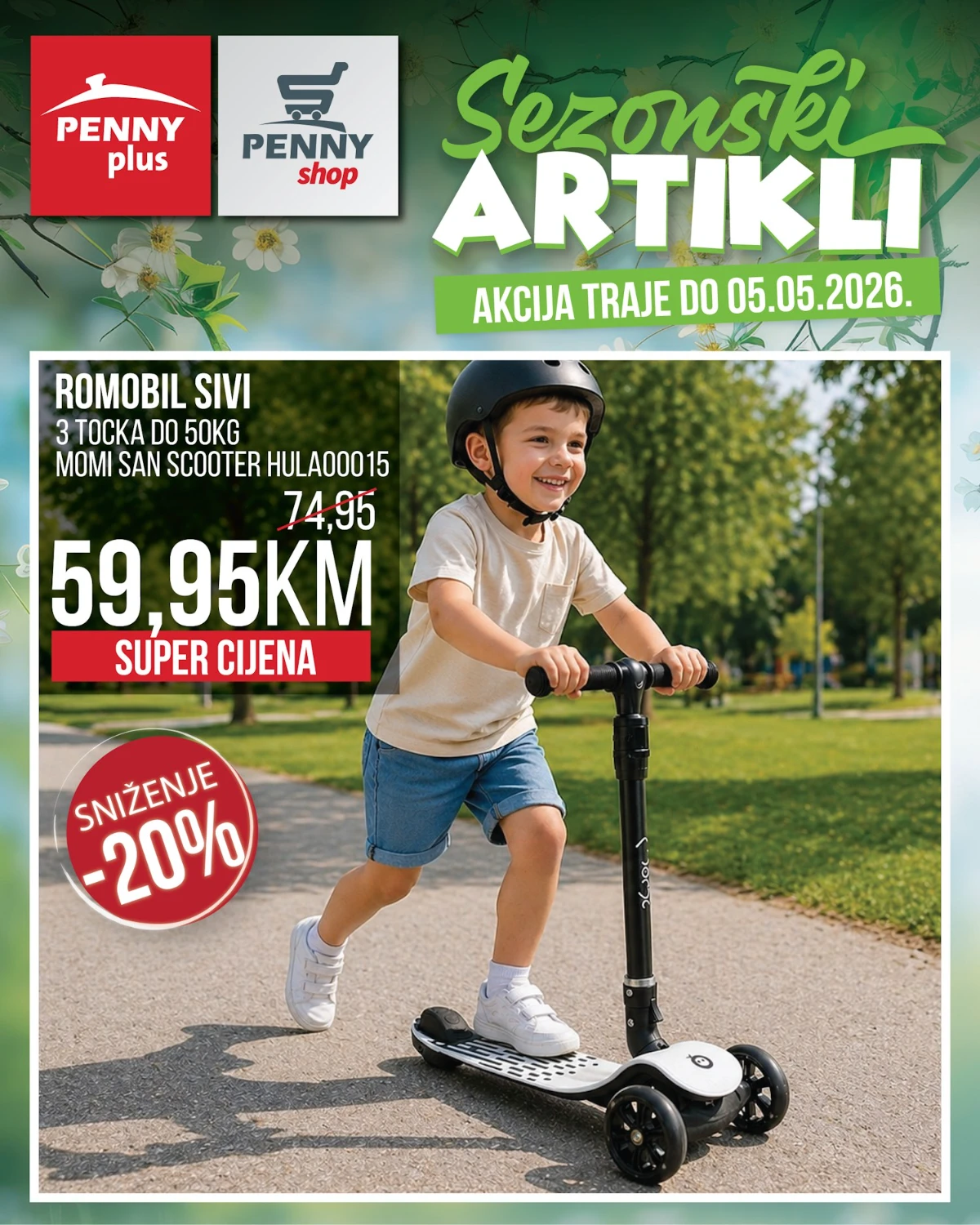 Penny Plus romobil sivi 3 točka do 50 kg snižen na 59,95 KM do 05.05.2026