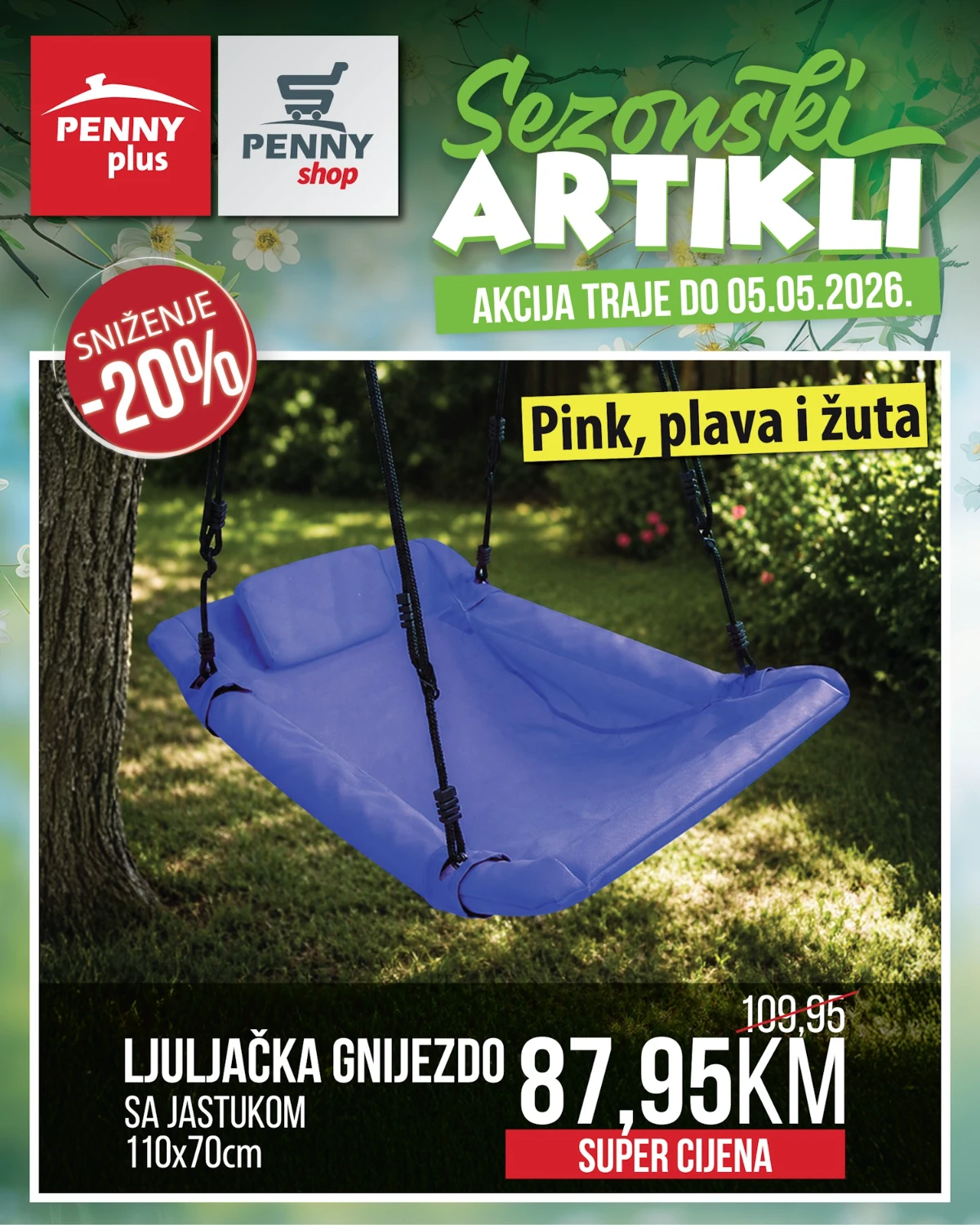 Penny Plus ljuljačka gnijezdo sa jastukom 110x70 cm snižena na 87,95 KM do 05.05.2026